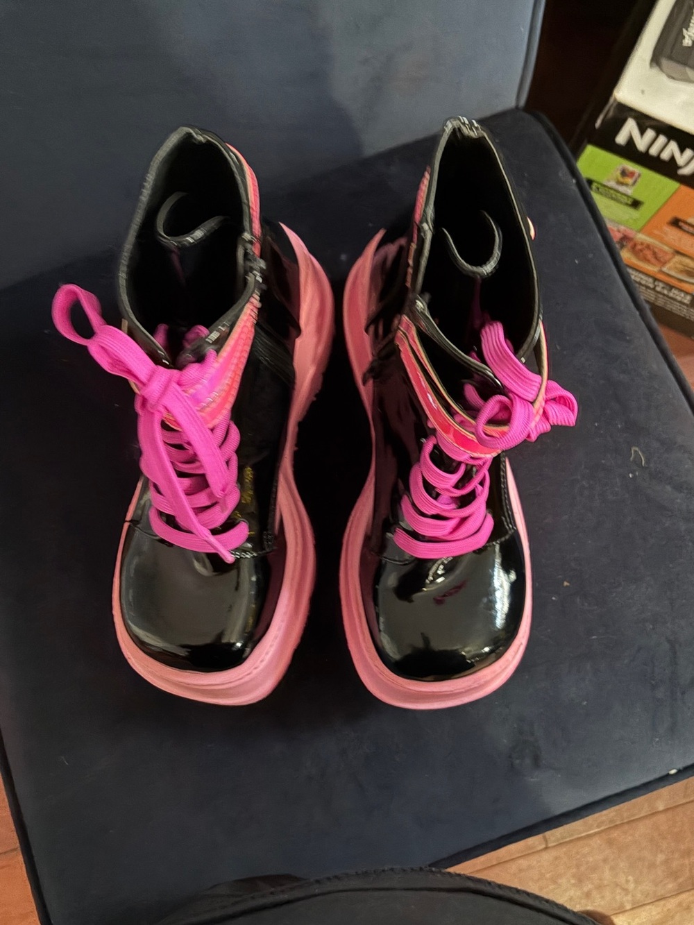 Patent Black Platform Lace-Up Boots with Hot Pink Accents - Picture 5 of 6